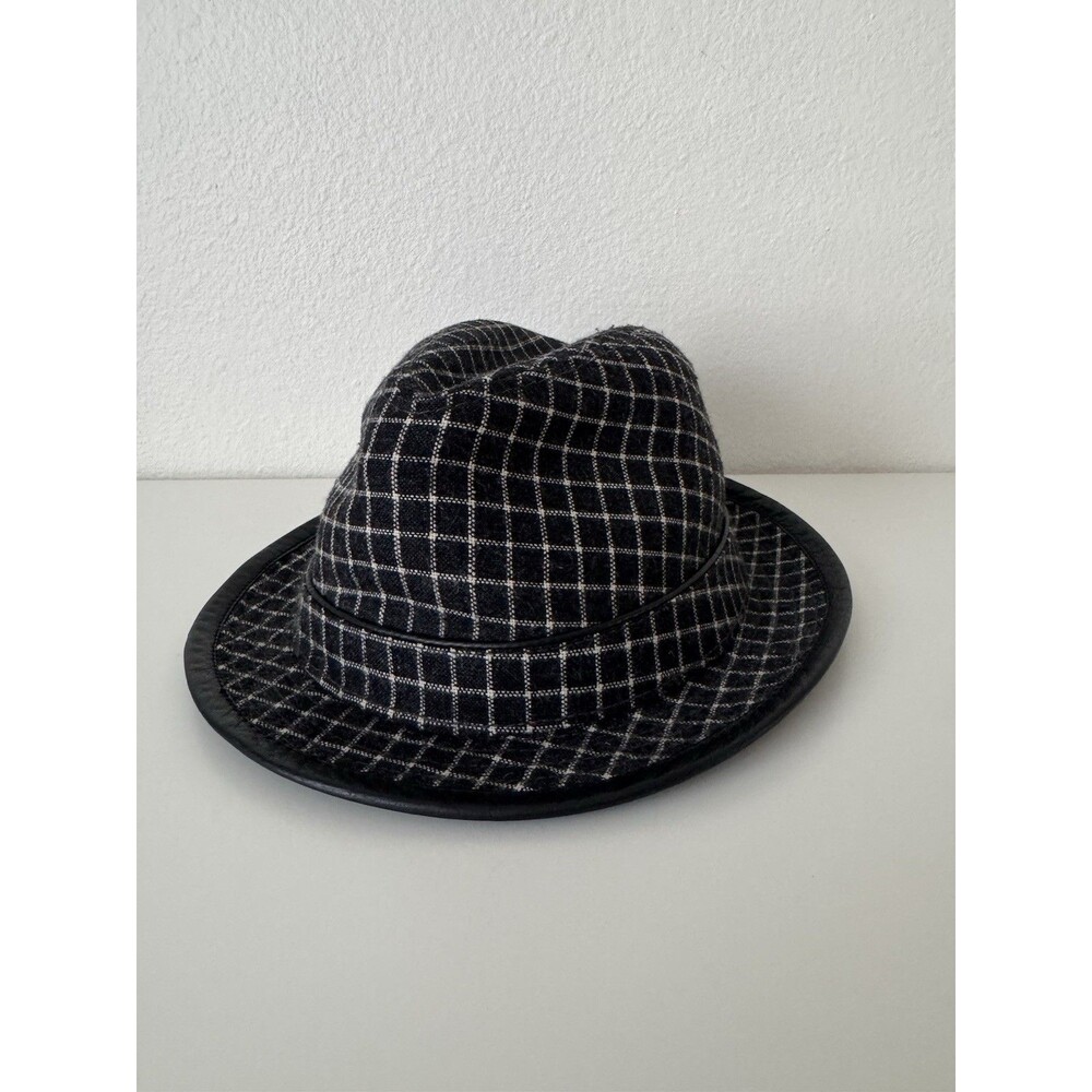 Perry Ellis Fedora Trilby Hat S/M Black Gray Plaid Wool Blend